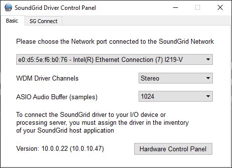 SoundGrid Driver Control Panel