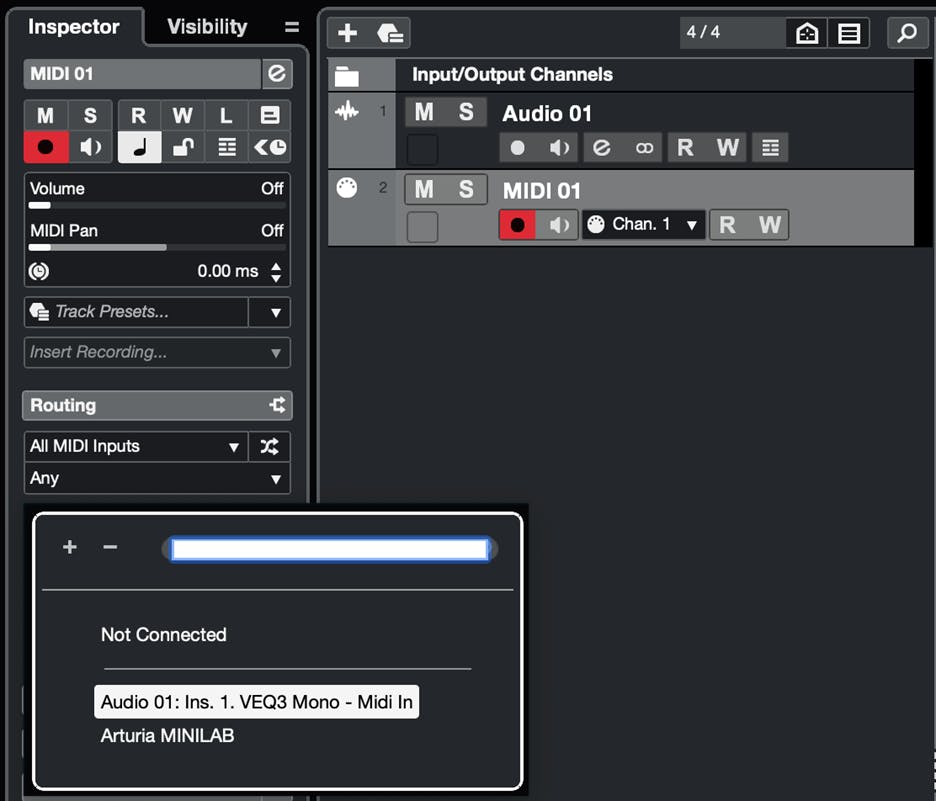 Create a new MIDI track and assign its output to the audio track. If needed, select the chosen Waves plugin in the bottom box