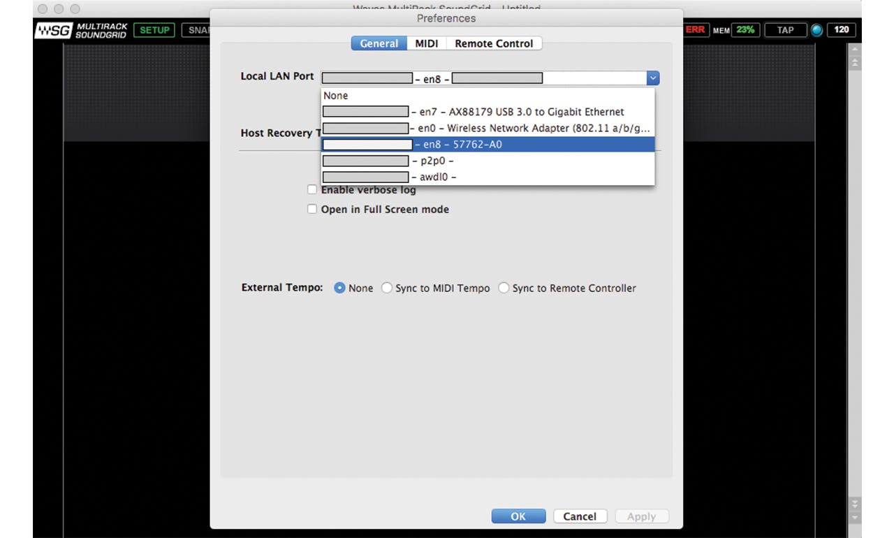 SoundGrid network port selection in the MultiRack SoundGrid Preferences pane